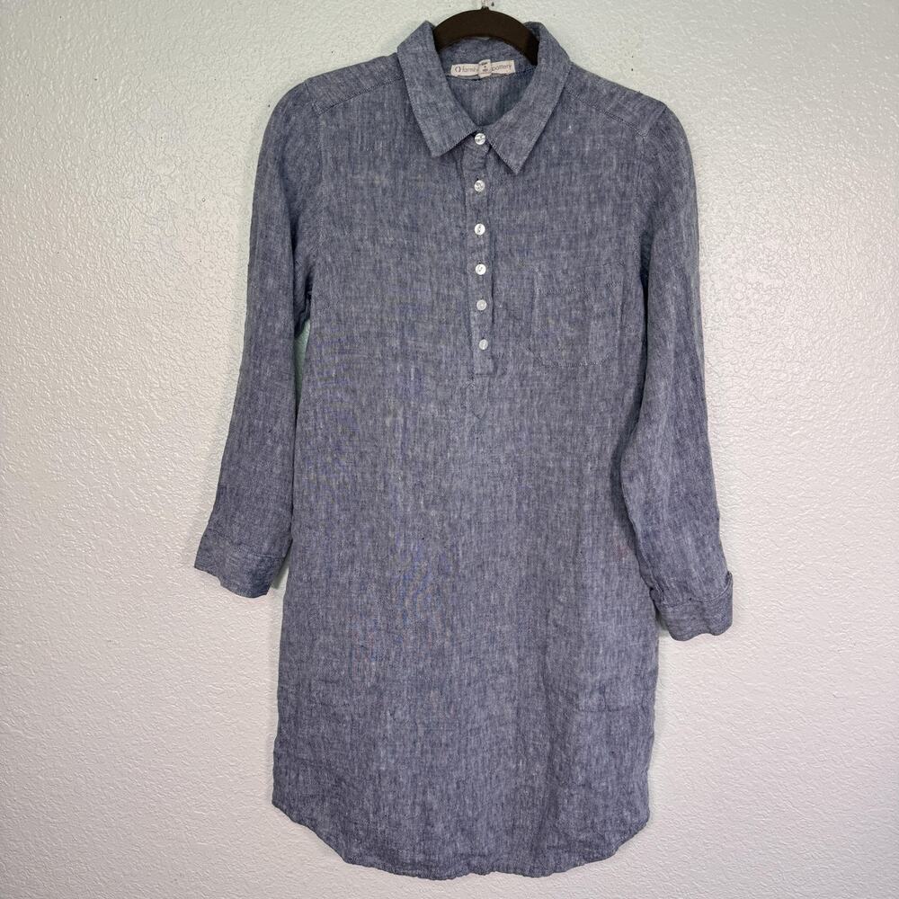 Farmhouse Pottery Dress Womens Small Linen Collared ShirtDress Pockets Blue - Picture 1 of 12